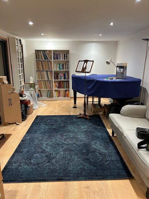 This image shows the covered grand piano of our client in situ in her music studio handcrafted on site by Crusoe Garden Rooms. You can see the lwarm oak aminate flooring, decorating in white and downlights in the ceiling that come as standard in our garden building. Built in London in less than three weeks. There is a large blue rug and a cream bed settee along with tall storage for records, books and CDs.