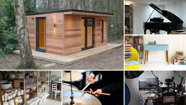 Showing six images - top left is a cedar clad writer's studio with doors and a window in anthracite grey. It is surrounded by a deck and set in woodland with a large tree in the foreground. Top right you can see the interior of a garden music studio with a grand piano. Under this you can see a deign studio with brightly coloured furniture and decoration. Below this is a mixing desk in a music studio. Bottom left you can see the interior of a ceramicist's studio with shelving loaded with supplies and pots. The middle bottom image is showing the hands of someone playing drums with drum sticks.